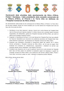 Declaració en defensa de l'Hospital Comarcal de Móra d'Ebre